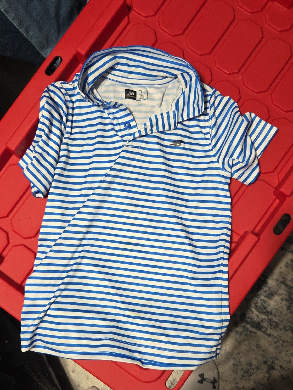 New Balance White & Blue Striped Kids Polo